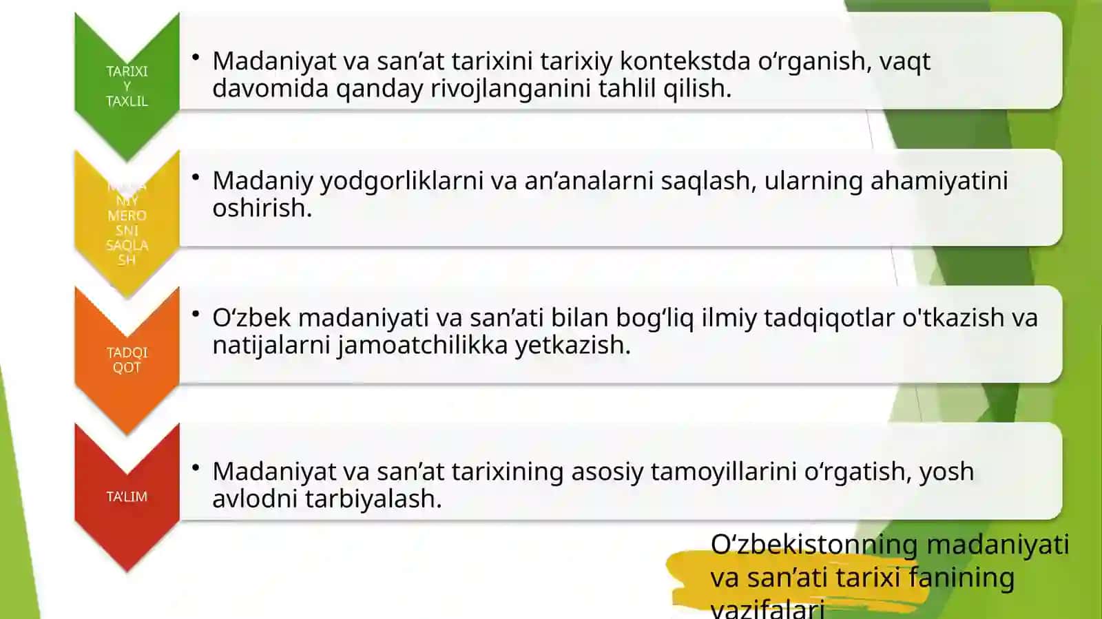 KIRISH. O‘ZBEKISTONNING MADANIYATI VA SAN’ATI TARIXI FANINING MAQSADI VA VAZIFALARI. (2) 4