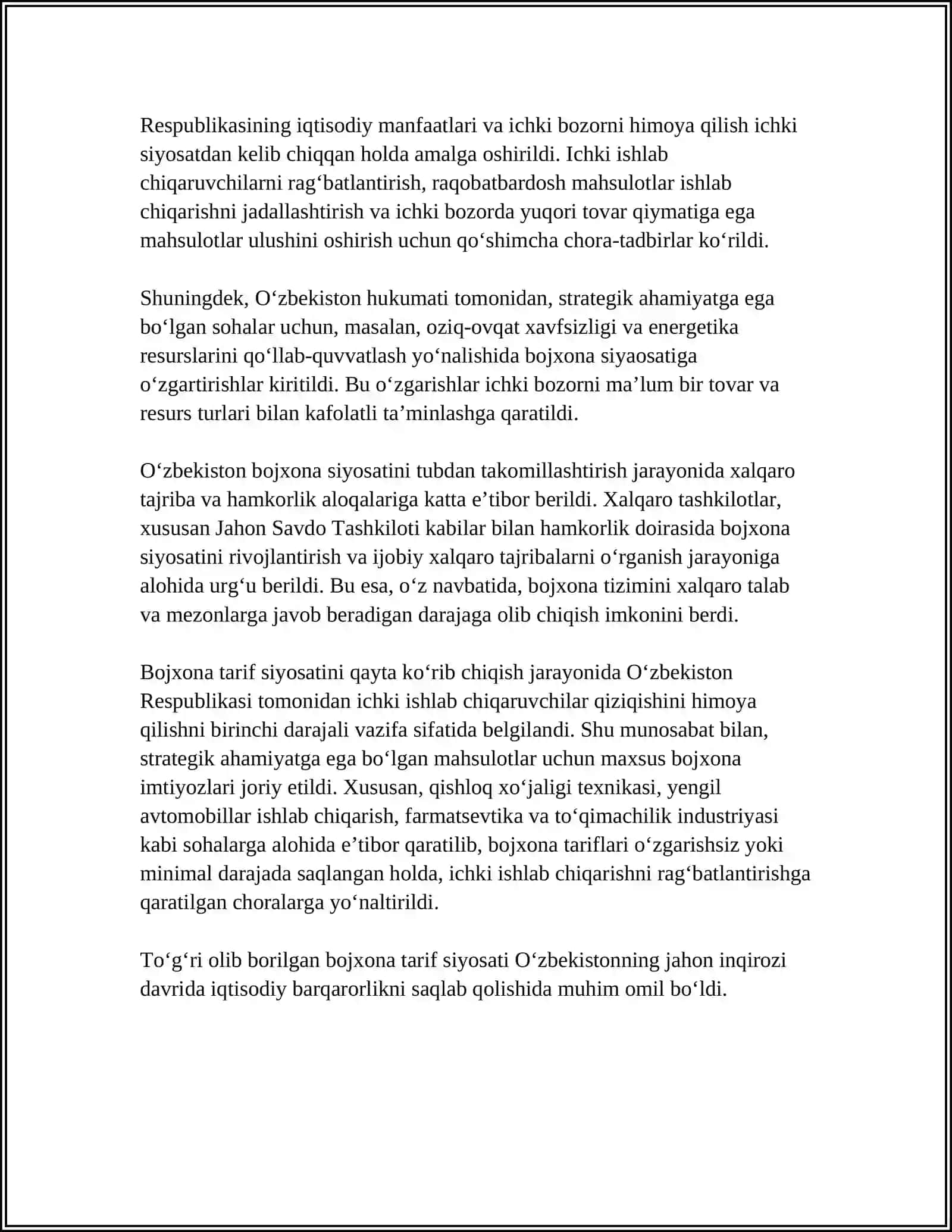 JAHON MOLIYAVIY-IQTISODIY INQIROZI DAVRIDA O‘ZBEKISTON RESPUBLIKASI BOJXONA SIYOSATINI TAKOMILLASHTIRISH 4