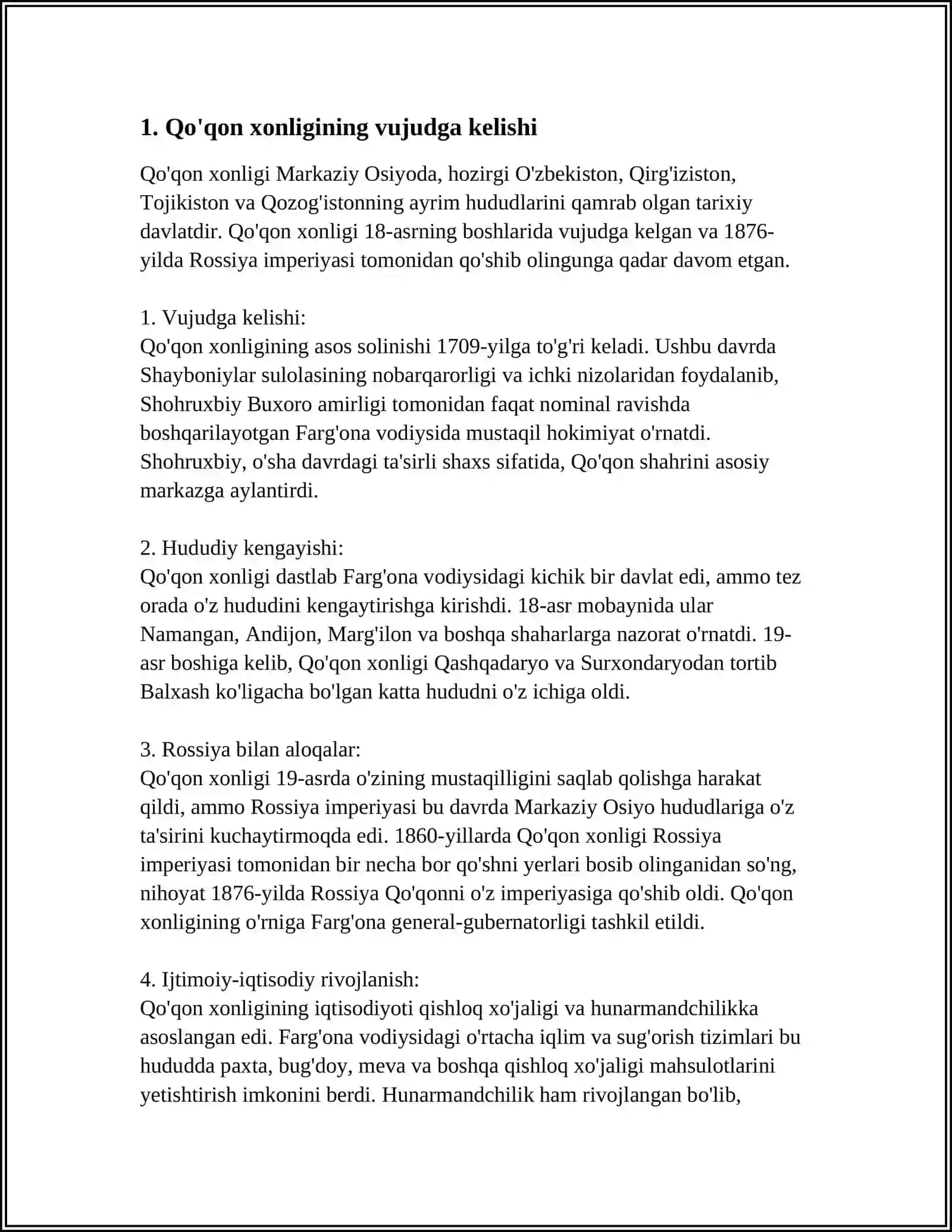 QO'QON XONLIGINING TASHKIL TOPISHI, UNING IJTIMOIY-IQTISODIY HAYOTI 4