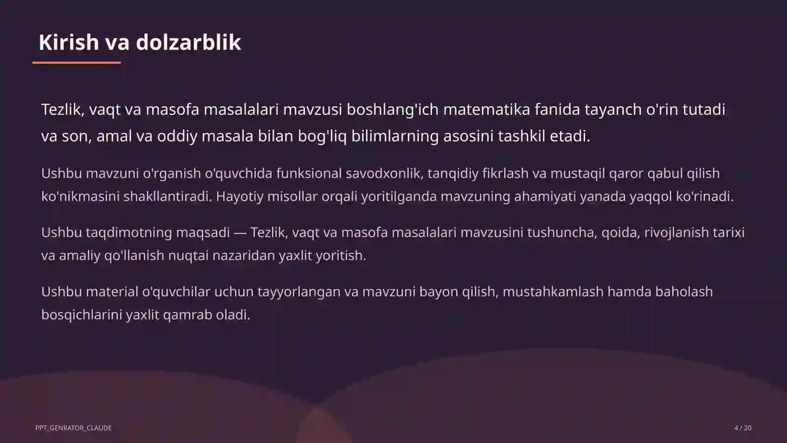 Tezlik, vaqt va masofa masalalari (4-sinf) 4