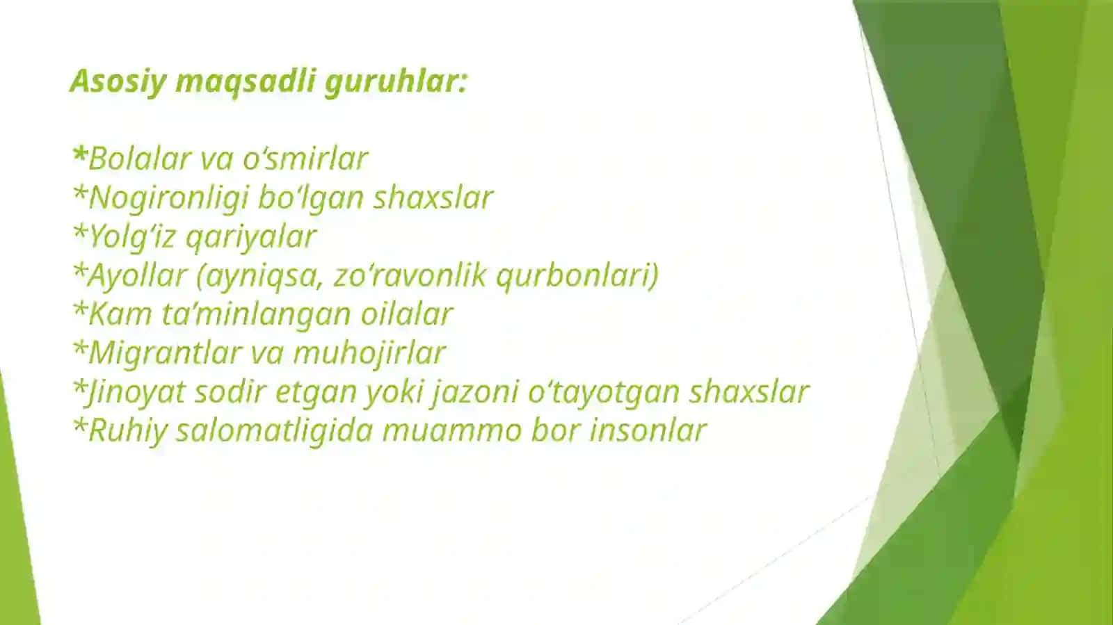 FARG’ONA DAVLAT UNVERSITETI TARIX FAKULTETI IJTIMOIY ISH YO’NALISHI 1-BOSQICH TALABASI ERGASHEVA ASILANING AXOLINI TURLI QATLAMLARI BILAN IJTIMOIY ISH FANIDAN MUSTAQIL TALIM ISHI 4
