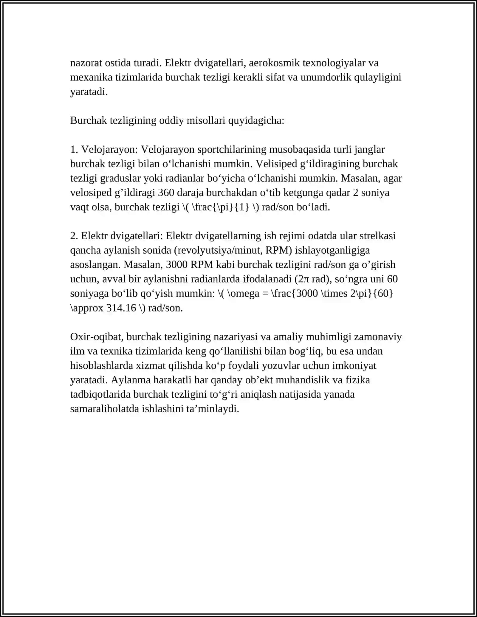 QOʻZGʻALMAS NUQTA ATROFIDA AYLANMA HARAKAT QILUVCHI JISMNING BURCHAK TEZLIGI VA BURCHAK TEZLANISHI 4