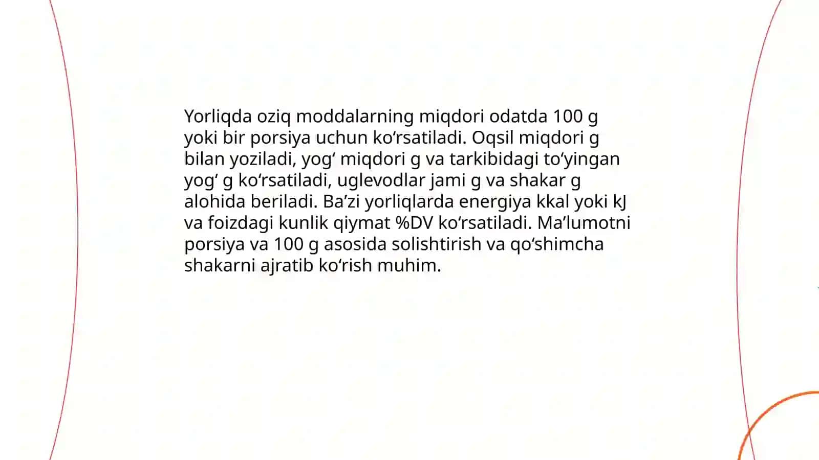 Oziq ovqat mahsulotlarining tarkibir, foydali va zararli xususiyatlarini yorliqlari orqali organish 4