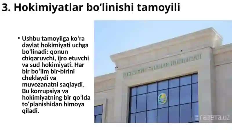 O'zbekistonda qonun ustuvorligi ta'minlashning demokratik asoslari. Korrupsiya va unga qarshi kurashishning mazmun mohiyati 4