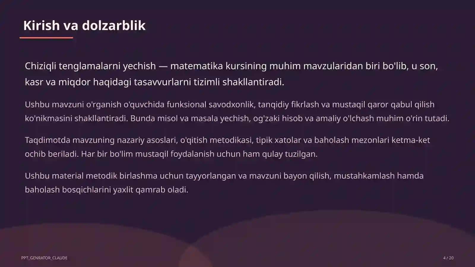 Chiziqli tenglamalarni yechish (6-sinf) Matematika (5-6) — metodik birlashma uchun 4