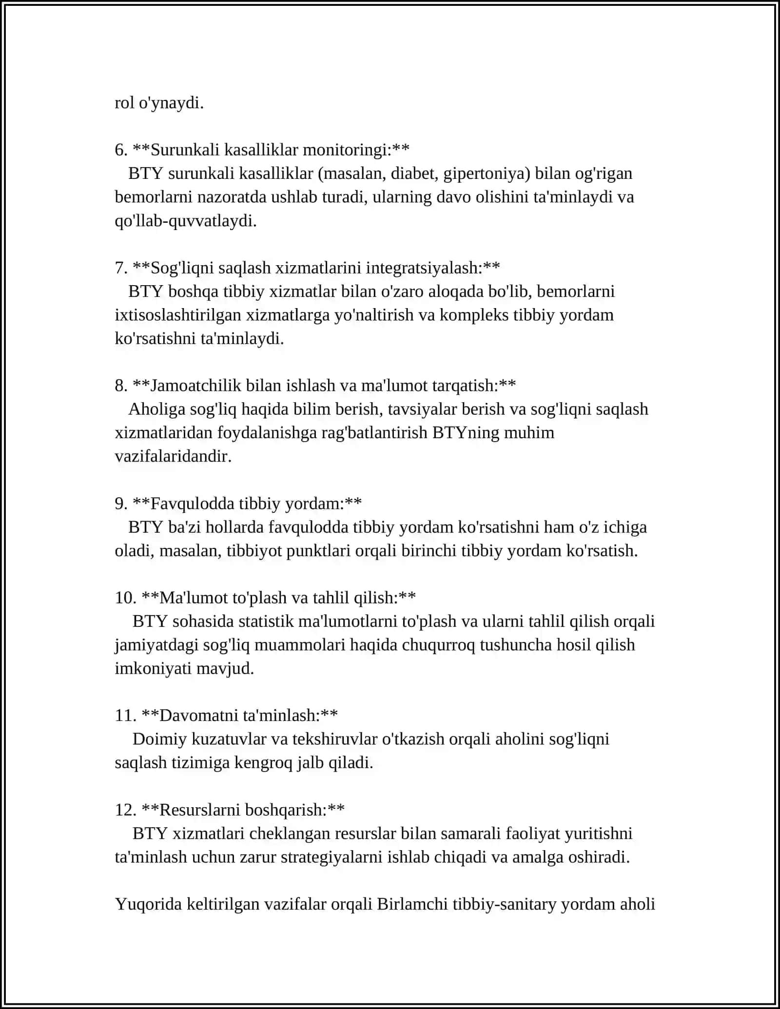 BIRLAMCHI TIBBIY - SANITARIYA YORDAMI. AMBULATORIYA POLI KLINIKA MUASSASALARINING ISH FAOLIYATINI TASHKIL ETISH. DISPANSERIZATSIYA 4