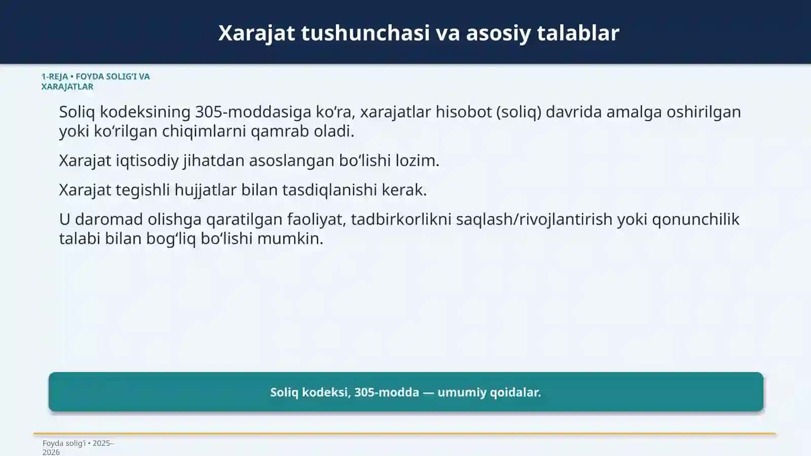Foyda solig‘ining xarajatlar tarkibi hamda chegirib tashlanmaydigan xarajatlar 4