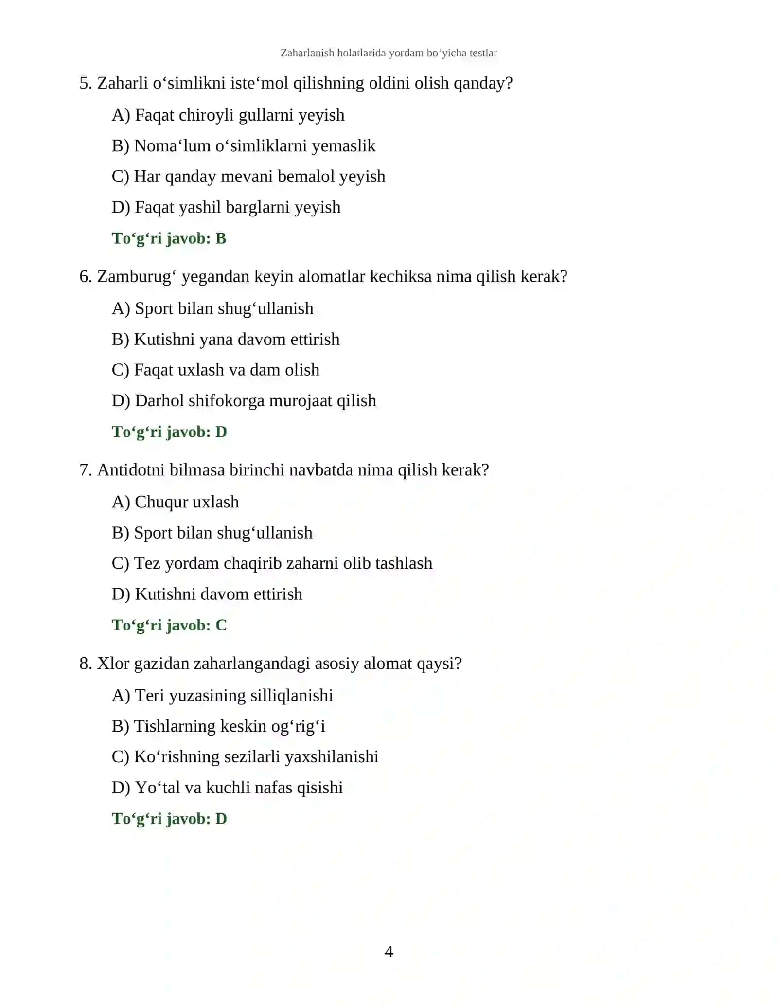 Zaharlanish holatlarida yordam bo‘yicha testlar 4
