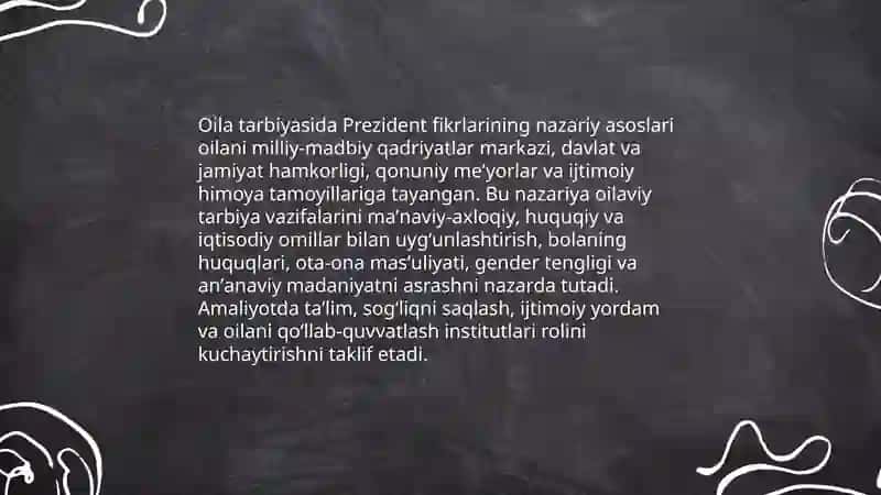 Ozbekiston Respublikasi Prezidentining oila va oila tarbiyasi togrisidagi fikrlari bayon etilgan asarlarini organish 4