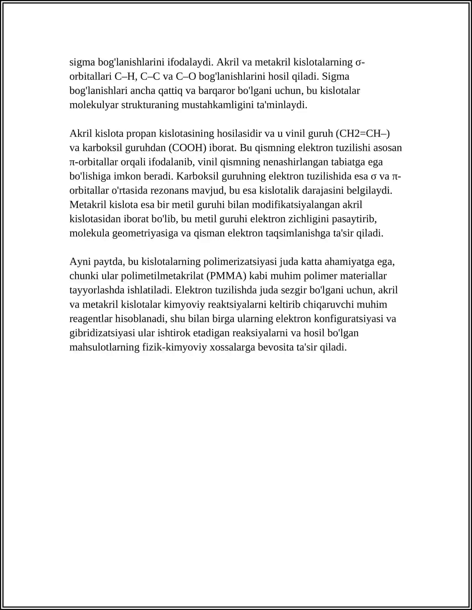 AKRIL VA METAKRIL KISLOTALARNING ELEKTRON TUZILISHI FIZIK VA KIMYOVIY XOSSALARI 4