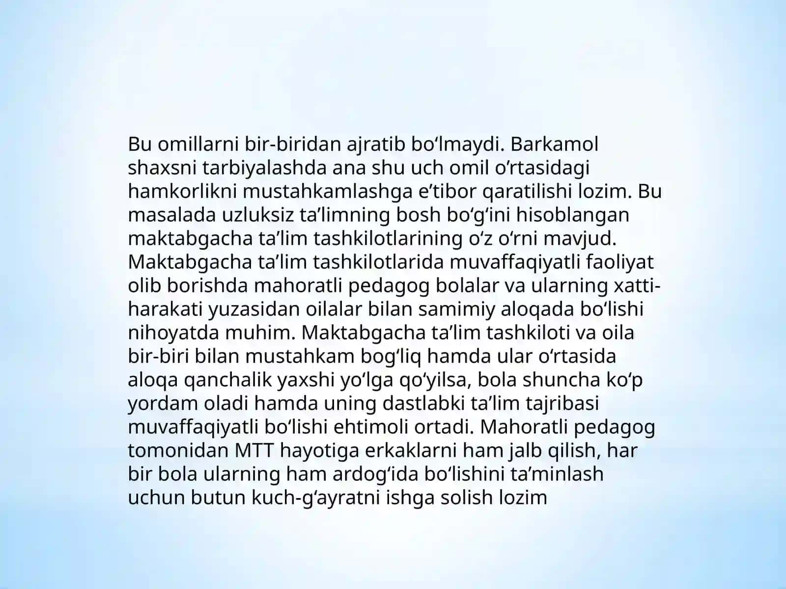 Ixtisoslashtirilgan MTTlarda hamda DMTTlarda bolalarni parvarishlash, ota-onalar bilan hamkorlikda ishlash 4