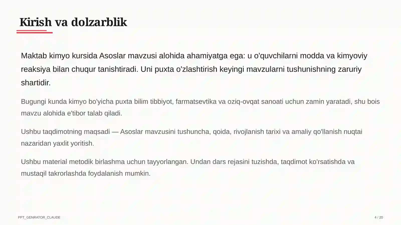 Asoslar (8-sinf) Kimyo (7– 11) — metodik birlashma uchun 4