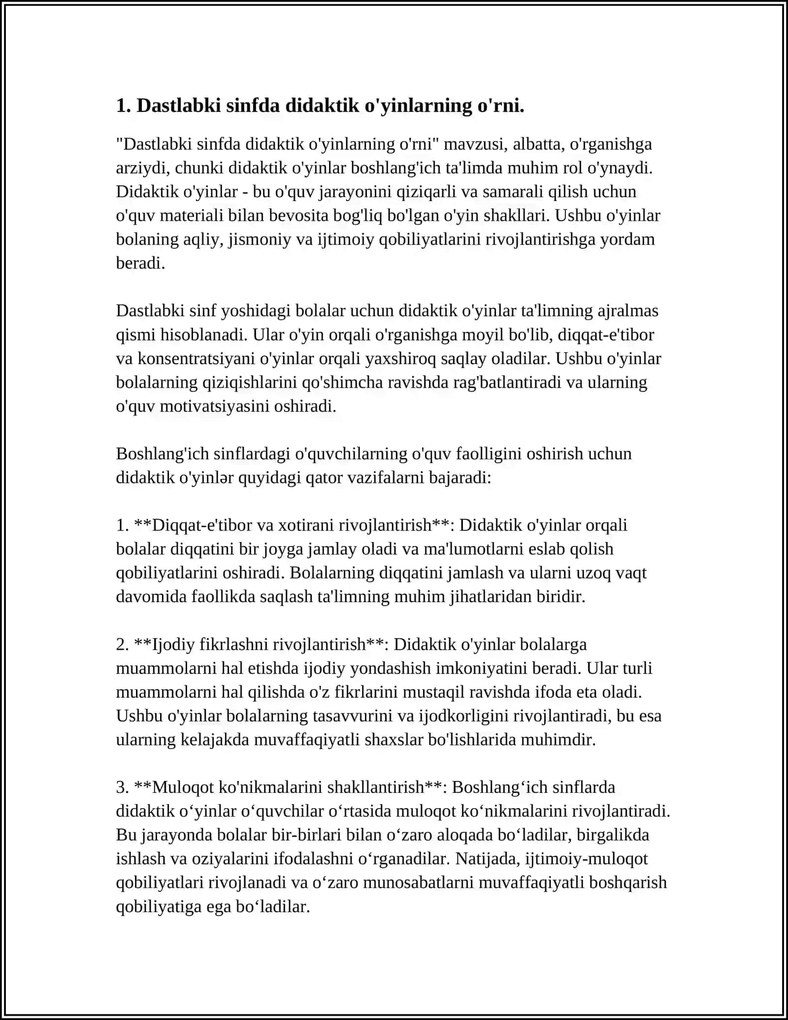 SINFDAN TASHQARI MASHG'ULOTLARDA DIDAKTIK O'YINLARNING AHAMIYATI,MAZMUNI ULARDAN FOYDALANISH(1 SINF MISOLIDA) 4
