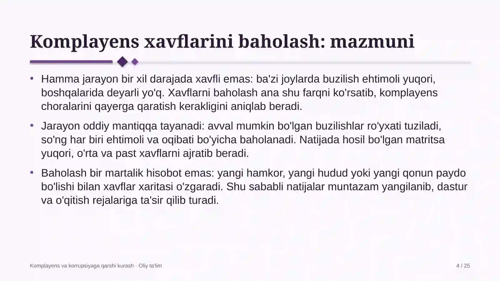Komplayens va korrupsiyaga qarshi kurash · Oliy ta'lim 4