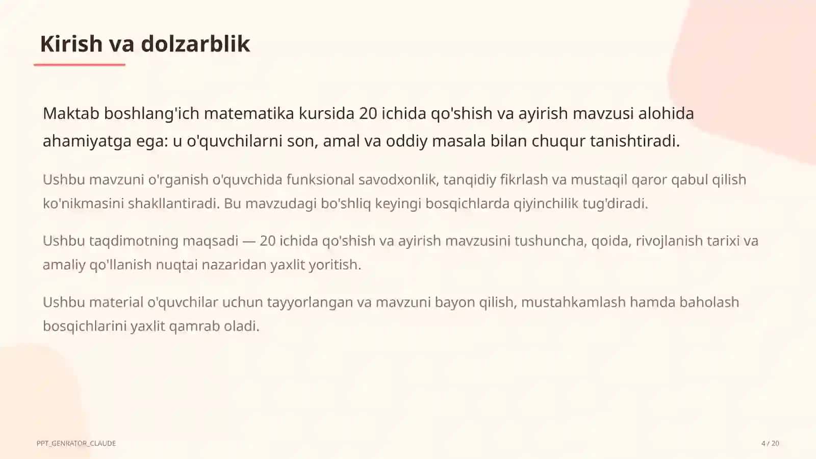 20 ichida qo'shish va ayirish (1-sinf) 4