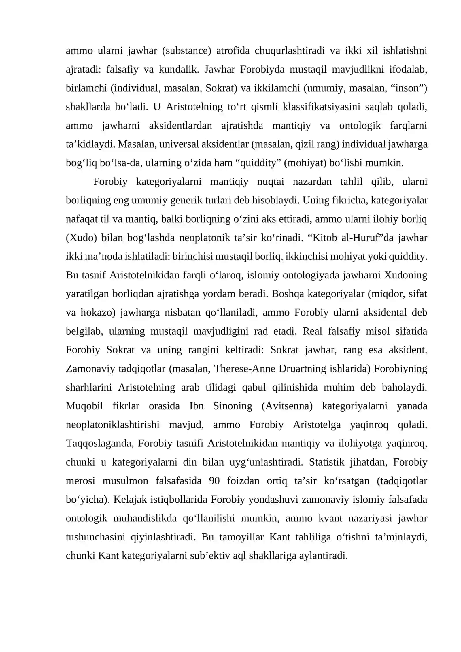 Aristotel, Forobiy va Kant ontologiyasida kategoriyalarning tasnifi 4