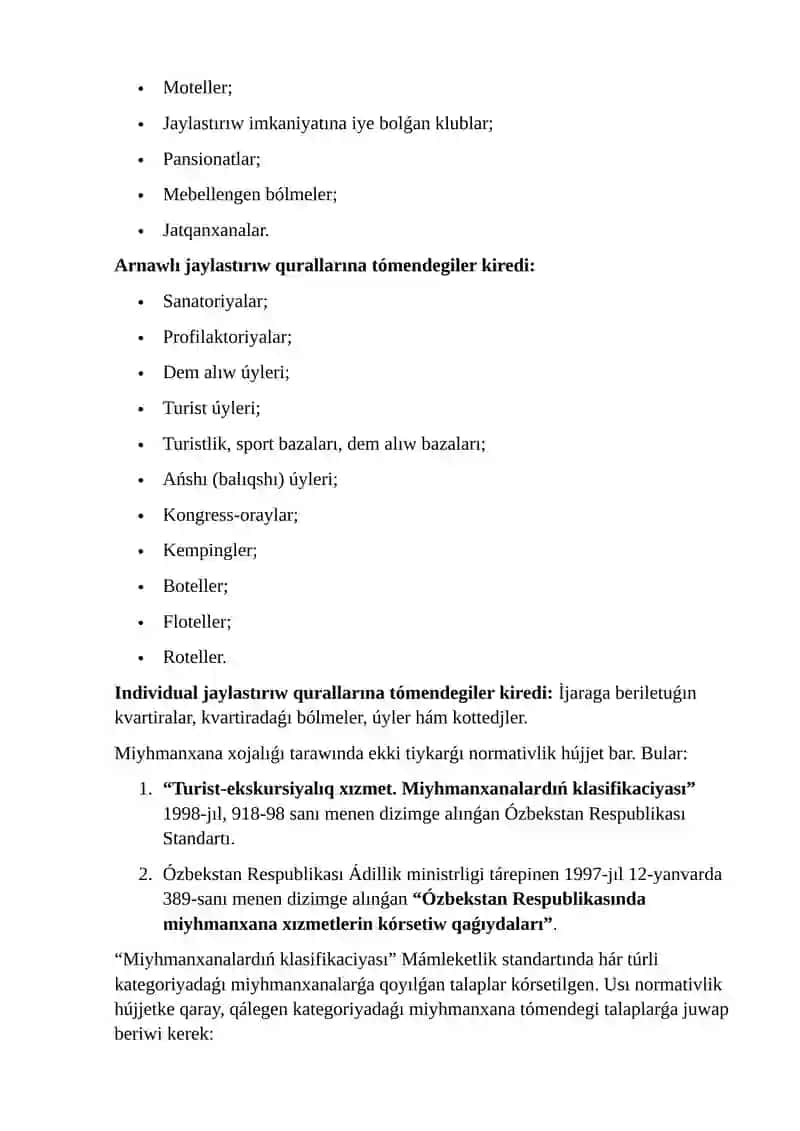 Miymanxana xizmeti túrleri, klassifikaciyası hám sapa standartları. 4