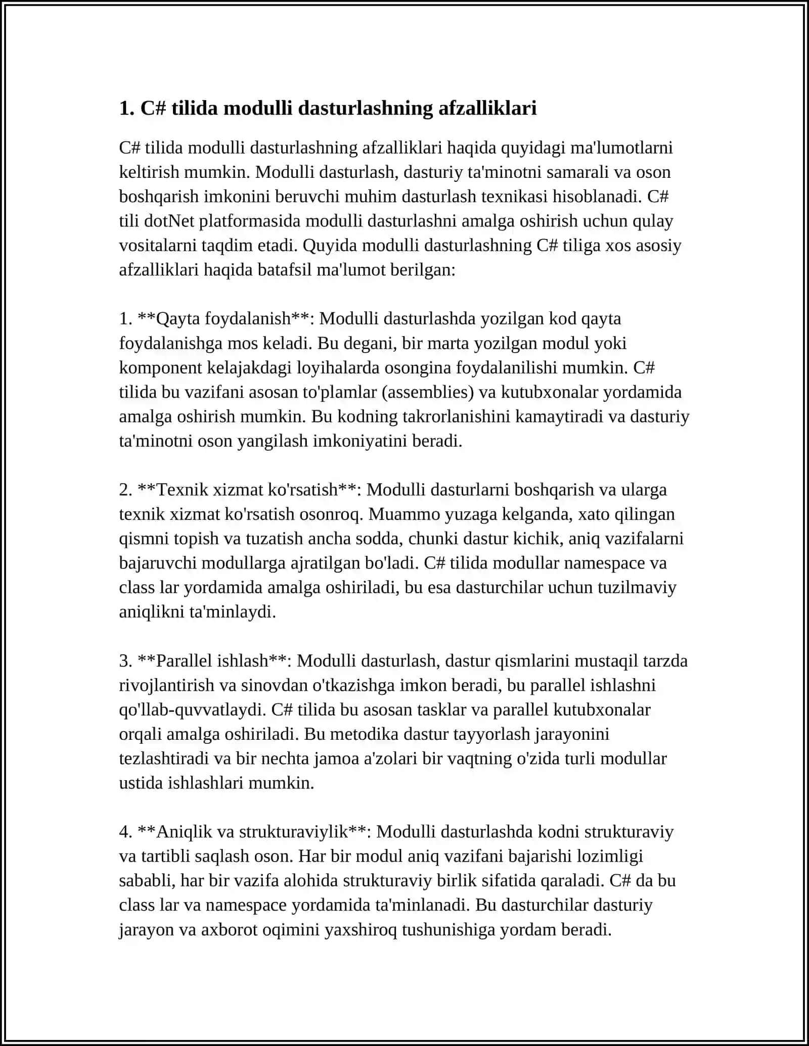 C# VA BOSHQA TILLARDA (PASKAL,C++) MODULLI DASTURLASH 4