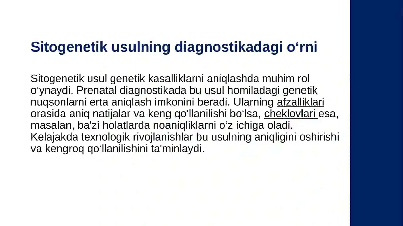 Odam genetikasini oʻrganish usullari: sitogenetik,dermatoglifika,biokimyoviy. 4