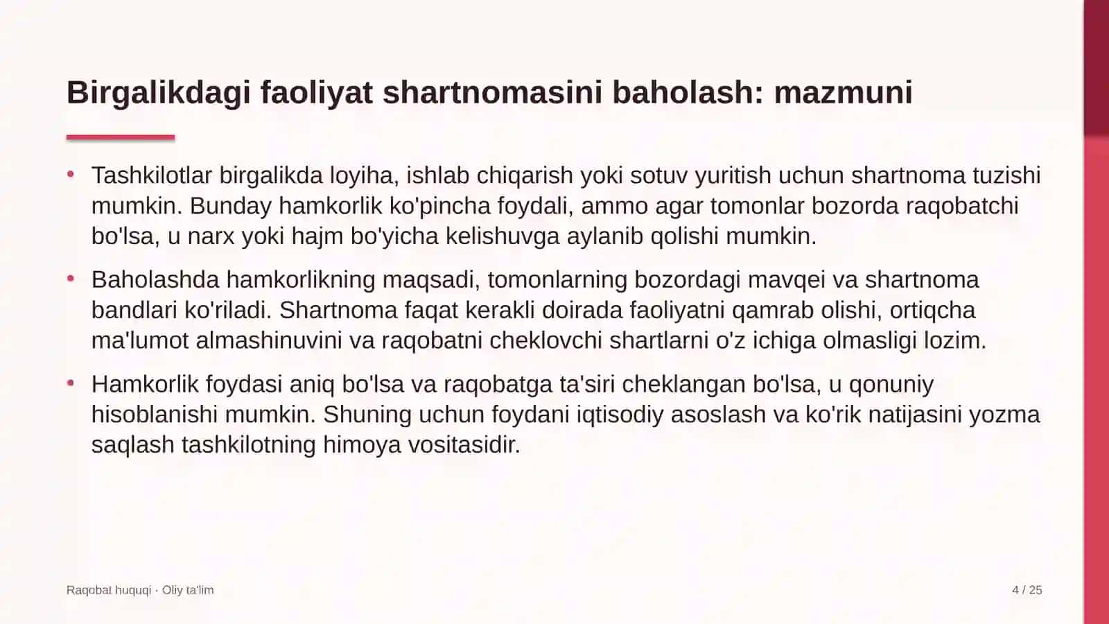 texnik ko'rik markazlarida birgalikdagi faoliyat shartnomalarini raqobat nuqtai nazaridan baholash 9449 4