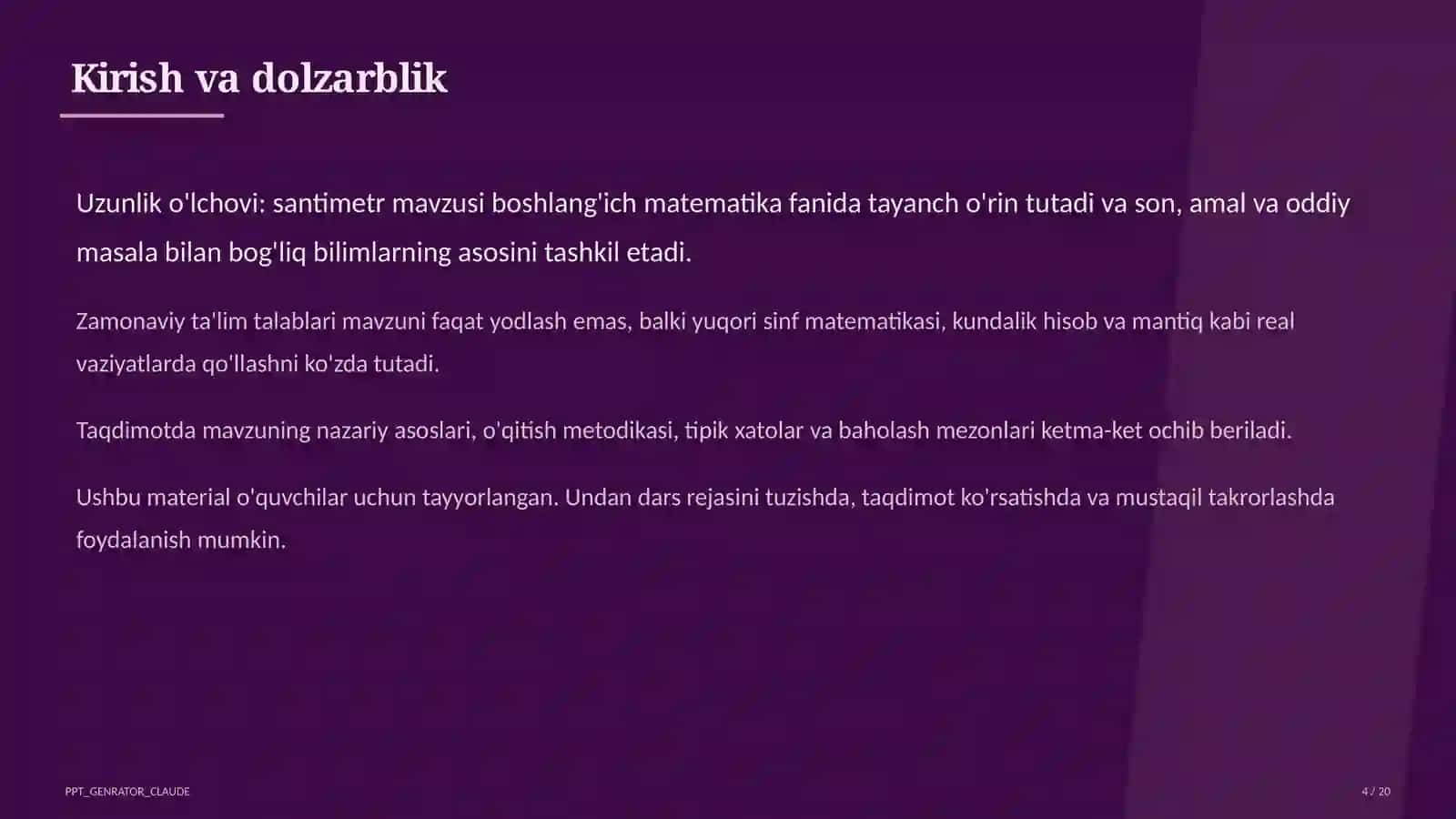 Uzunlik o'lchovi: Matematika (1–4) — o'quvchilar uchun 4