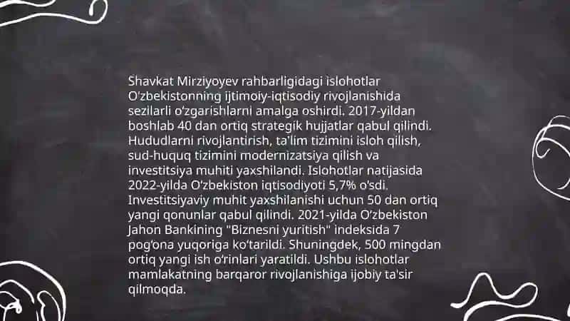 Yangi Oʻzbekistonda Prezident Sh.M.Miromonovich rahbarligi va tashabbusi ostida amalga oshirilayotgan islohotlar. Yangi Oʻzbekistonda xalqchil va insonparvar davlat qurishning ijtimoiy siyosiy ahamiyati 4