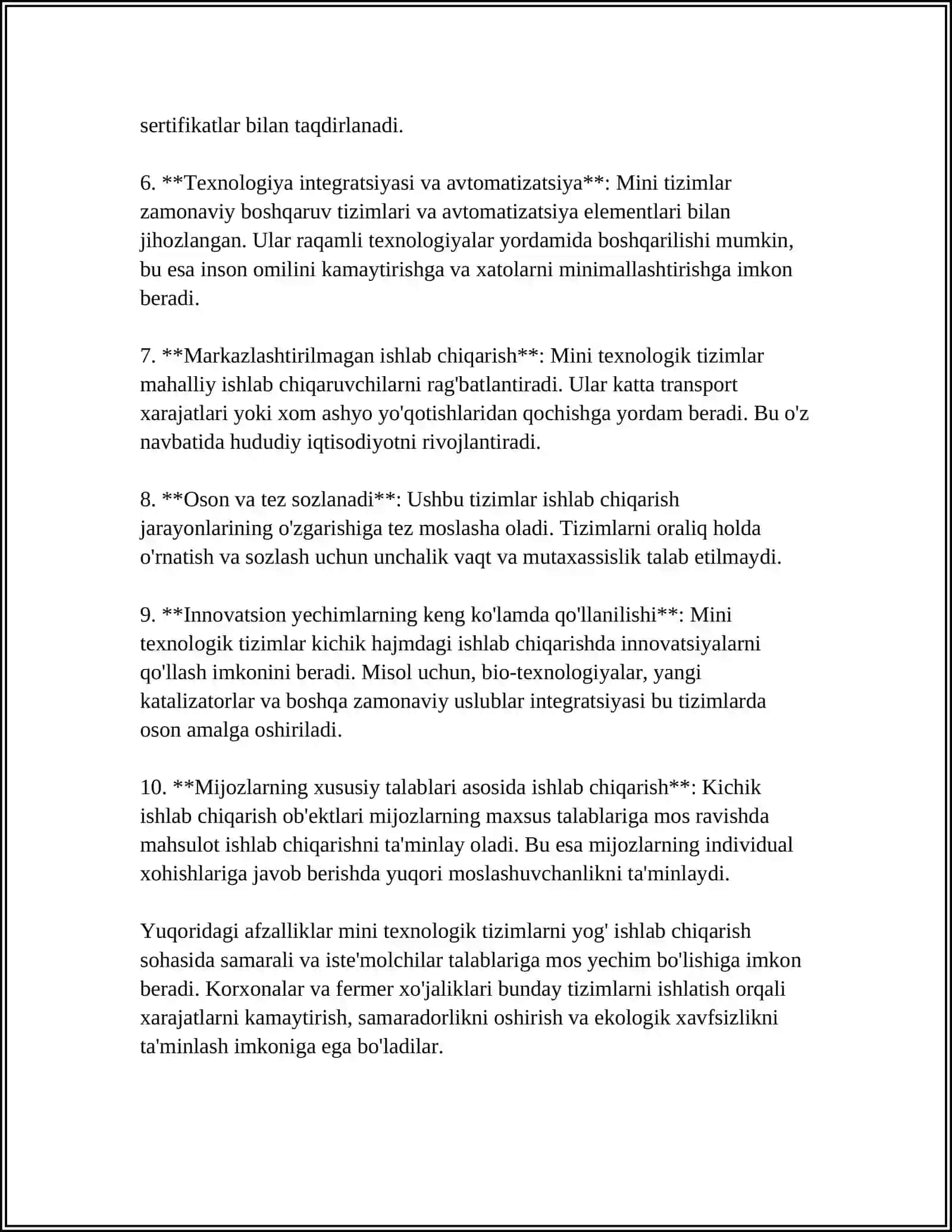MUSTAQIL ISH Mavzu: YOG’ ISHLAB CHIQARISHDA MINI TEXNOLOGIK TIZIMLAR 4