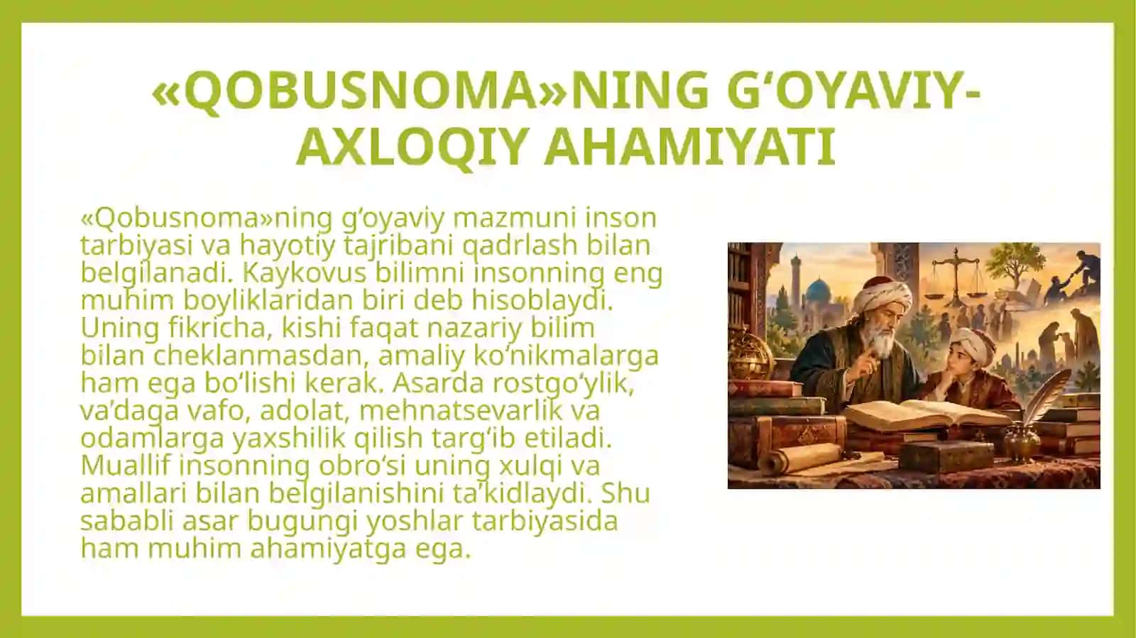 Kaykovusning ,,Qobusnoma Umar Hayyomning ,,Navroʻznoma Davlatshoh Samarqandiniyning ,,tazkirat hush-aro  asarlarining gʻoyaviy mazmuni 4