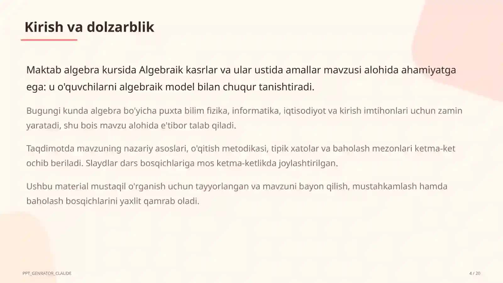 Algebraik kasrlar va ular ustida amallar (8-sinf) 4