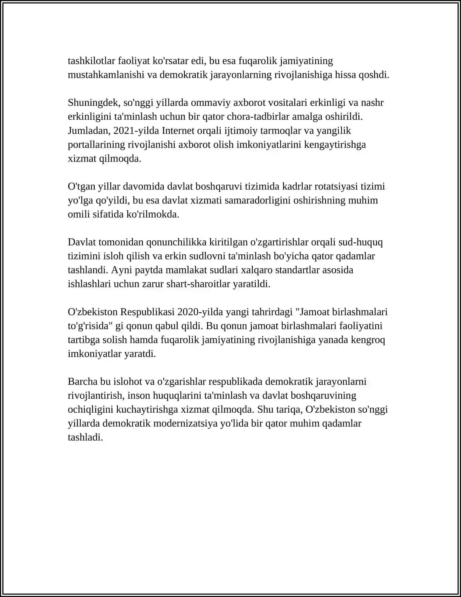 OʻZBEKISTONDA DEMOKRATIK FUQAROLIK JAMIYATI ASOSLARING SHAKLLANISH AMALGA OSHIRILGAN SIYOSIY ISLOHOTLARI 4