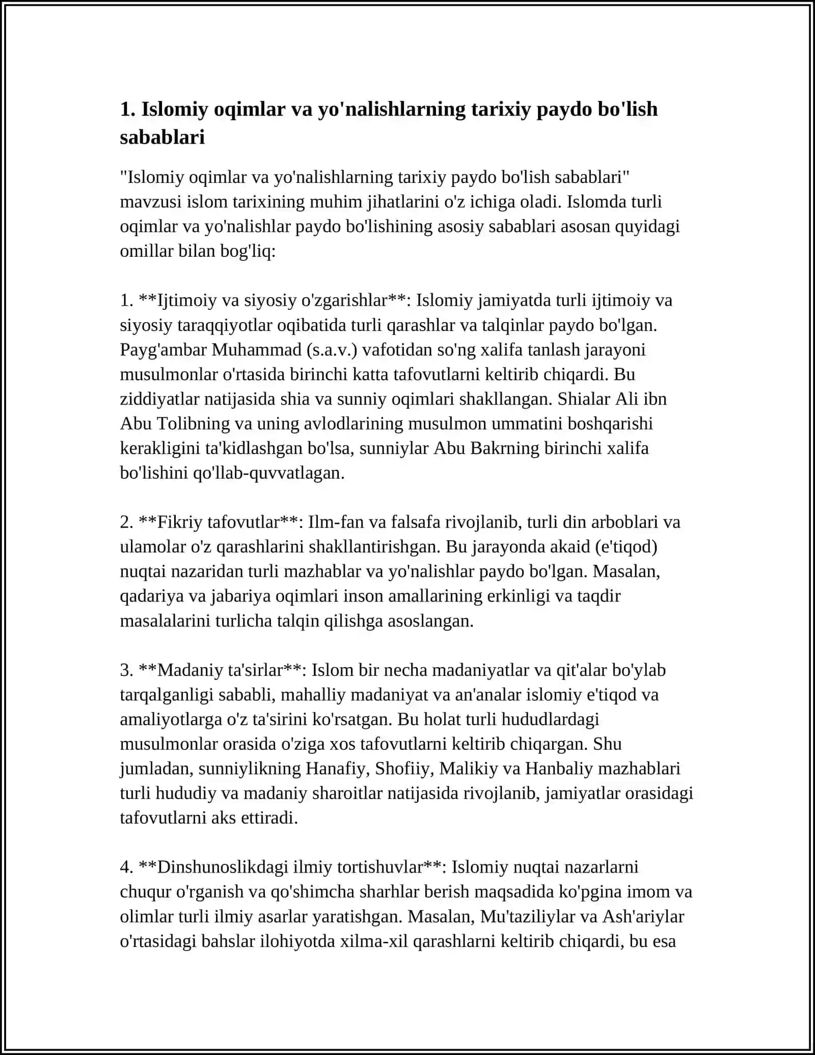 ISLOM OQIMLARI VA YO'NALISHLARINING PAYDO BO'LISHI SABABLARI, E'TIQODIDAGI BO'LINISHLARNING SABABLARI VA OQIBATLARI 4