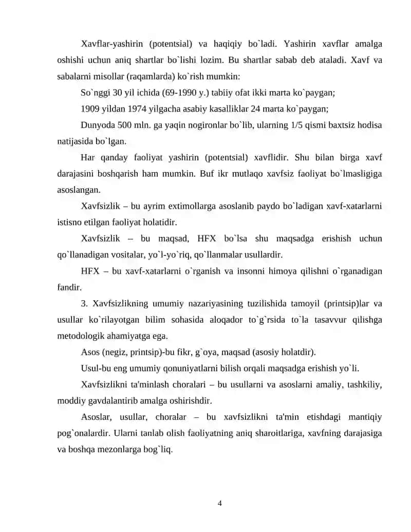 O`zabekiston Respublikasida hayot faoliyati xavfsizligini ta`minlash sohosida qabul qilingan qonun va me`yoriy hujjatlar tizimi 4