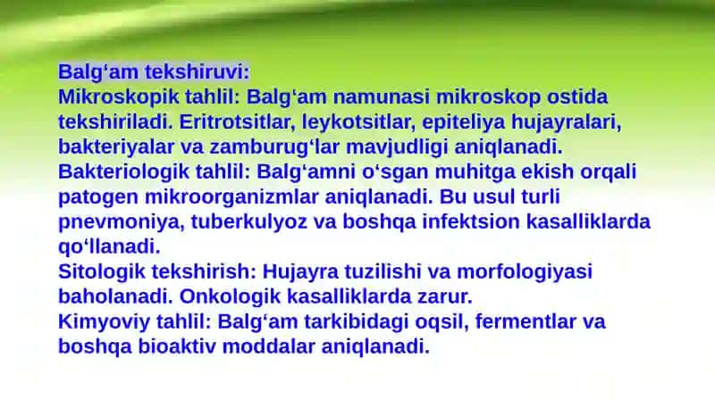 Balg'am va plevra suyuqligini laborator tekshirish .O'pkani funksional va instrumental tekshirish usullari: Spirometriya ,pnevmotaxometriya , oksigemometriya.O'pkani rentgenologik tekshirish.Bronxoskopiya,bronxografiya ,tomografiya 4