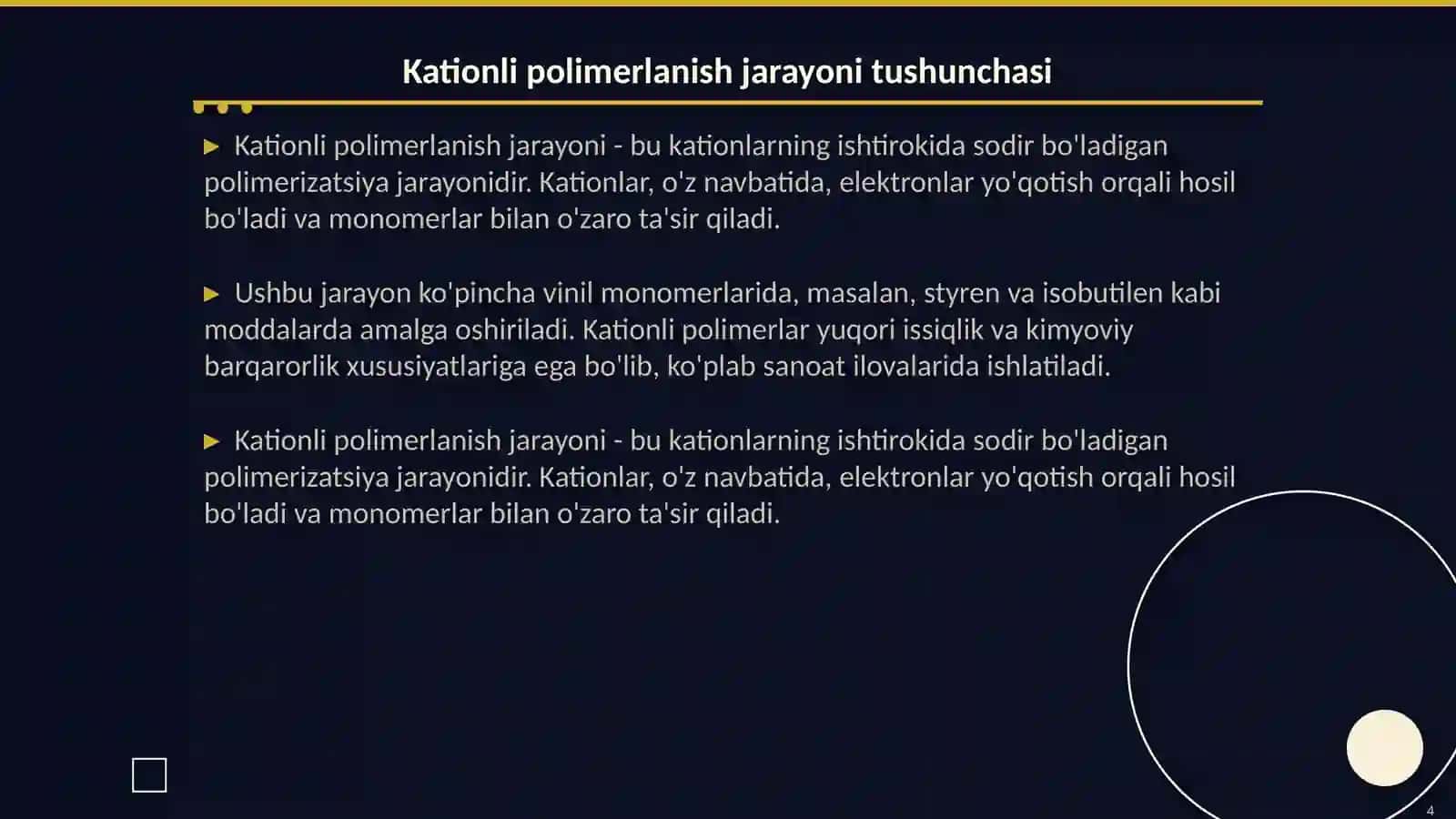 Anionli va kationli polimerlanish reaksiyalari va ularning o'ziga xos xususiyalari 4
