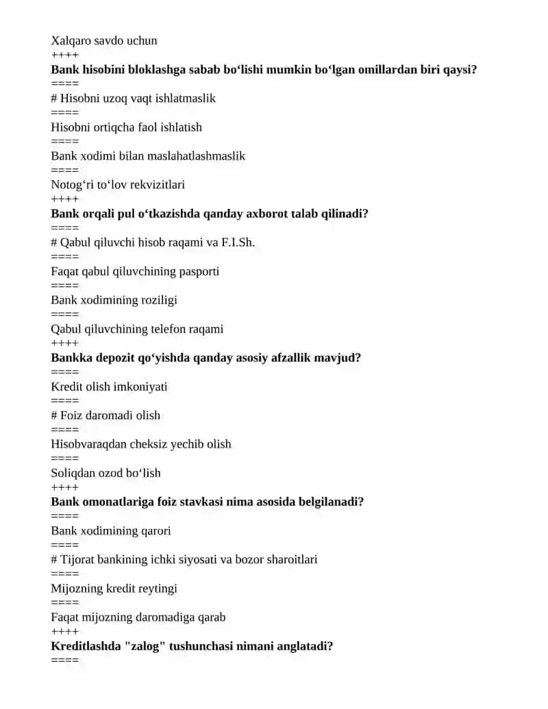 Bank ishi fanidan test savollari javoblari bilan 4