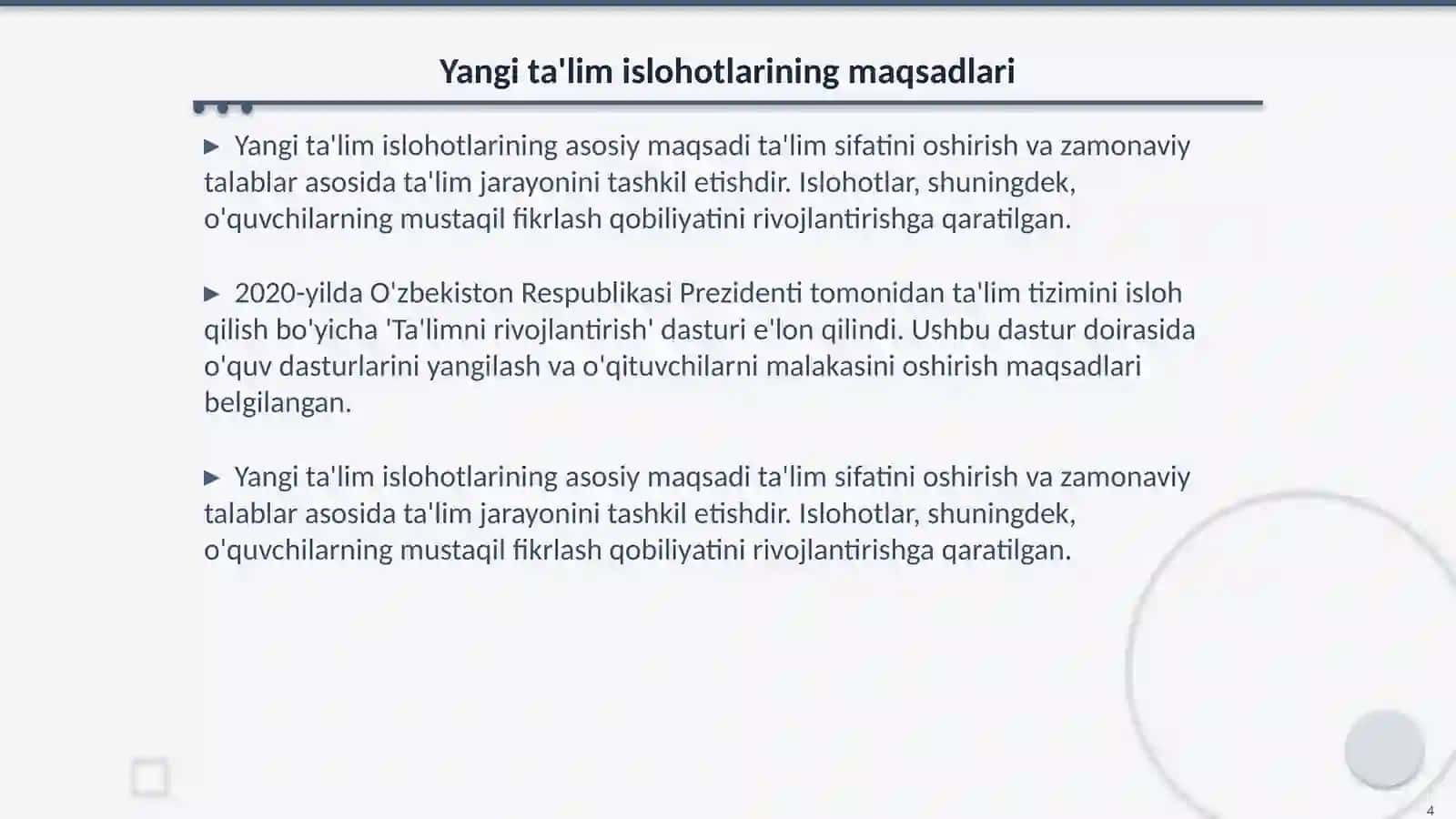 Ta‟lim tizimidagi islohotlar va ularning natijalari. Fan O'zbekistonning eng yangi tarixi 4