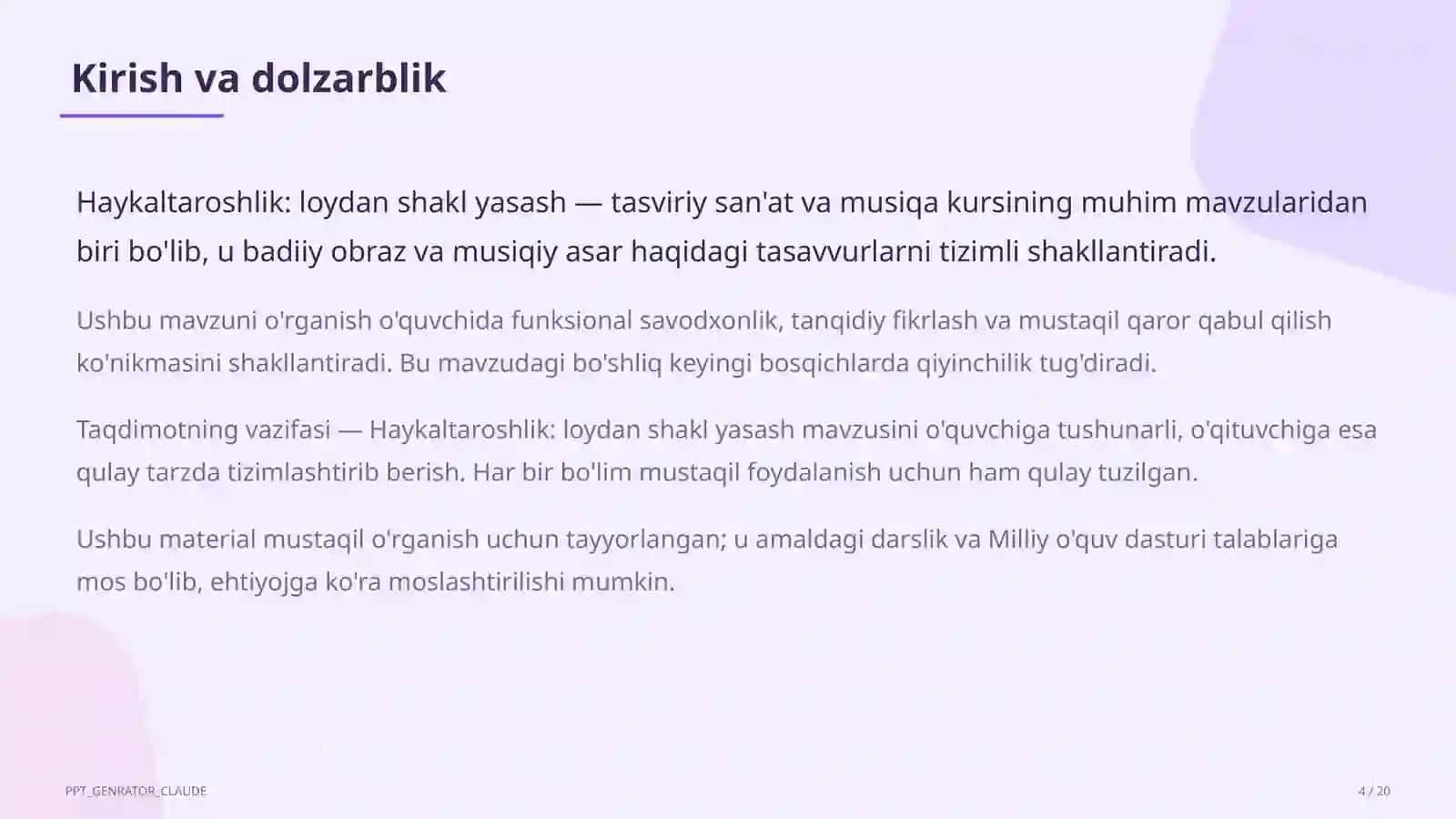 Haykaltaroshlik: loydan shakl yasash (4-sinf) 4