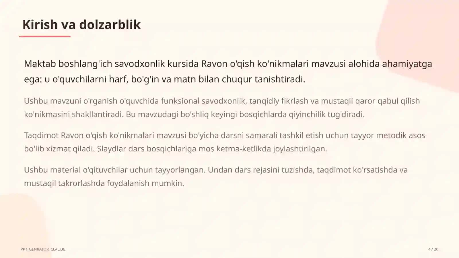 Ravon o'qish ko'nikmalari (1-sinf) 4