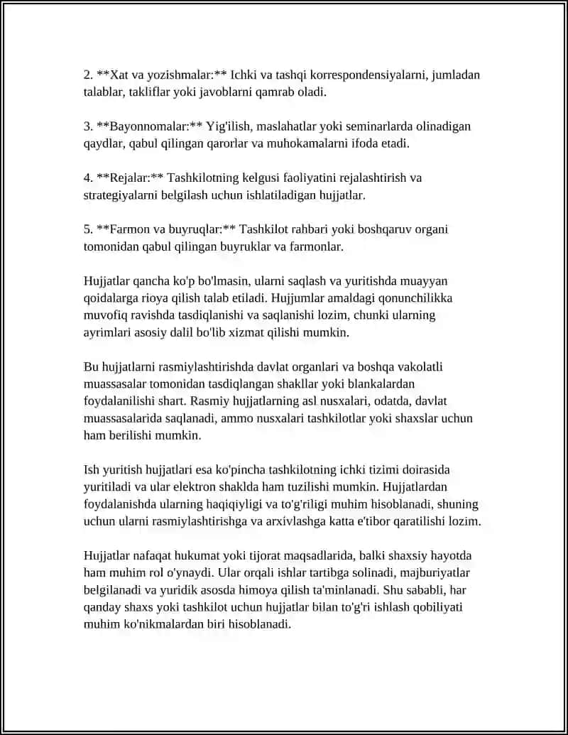 MUSTAQIL ISH Mavzu: HUJJAT TURLARI VA ISH YURITISH ASOSLARI. TASHKILIY HUJJATLAR VA ULARNI RASMIYLASHTIRISH 4