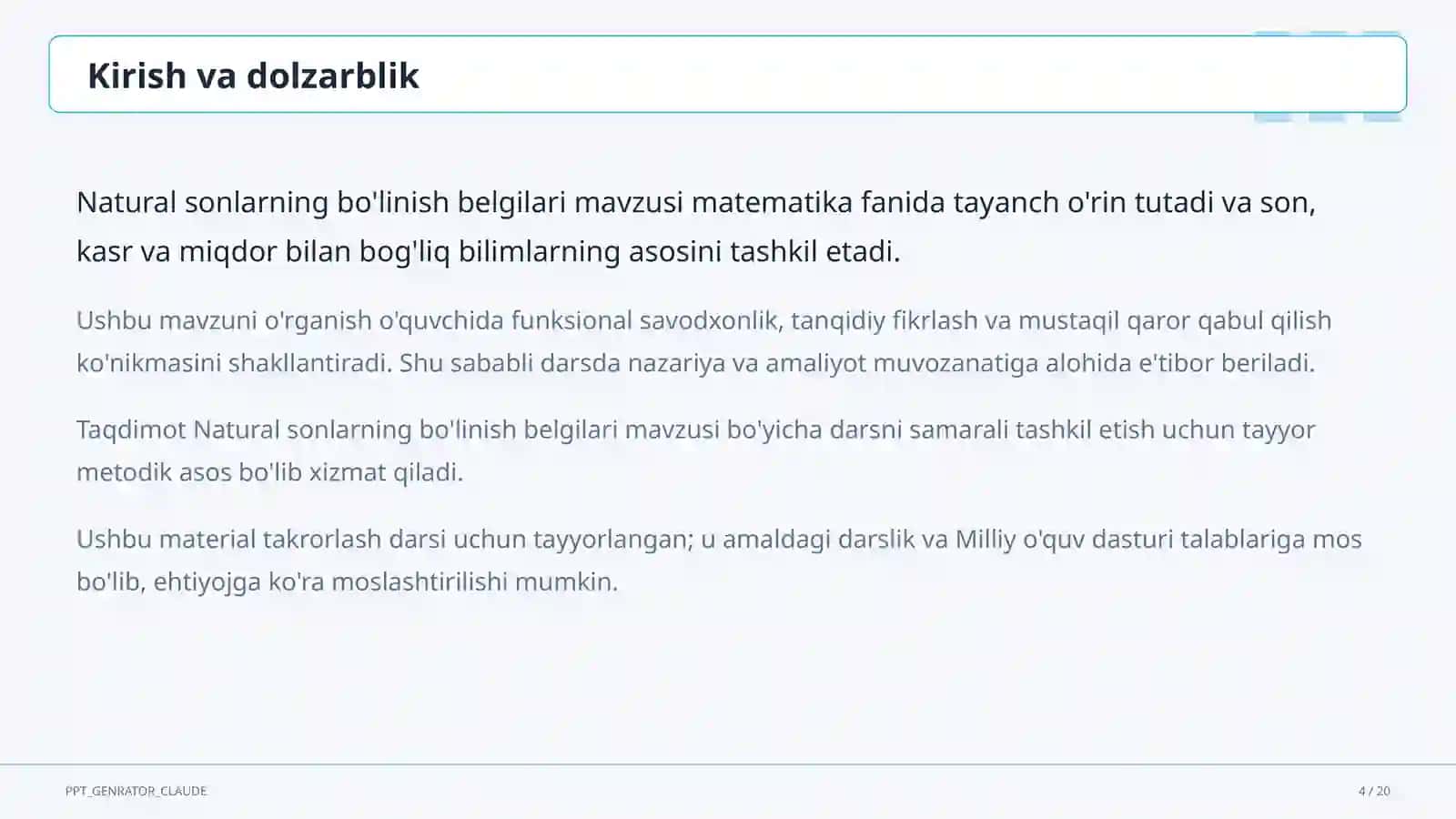 Natural sonlarning bo'linish belgilari (5-sinf) Matematika (5–6) 4
