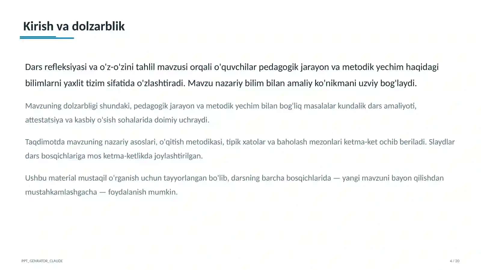Dars refleksiyasi va o'z-o'zini tahlil 4