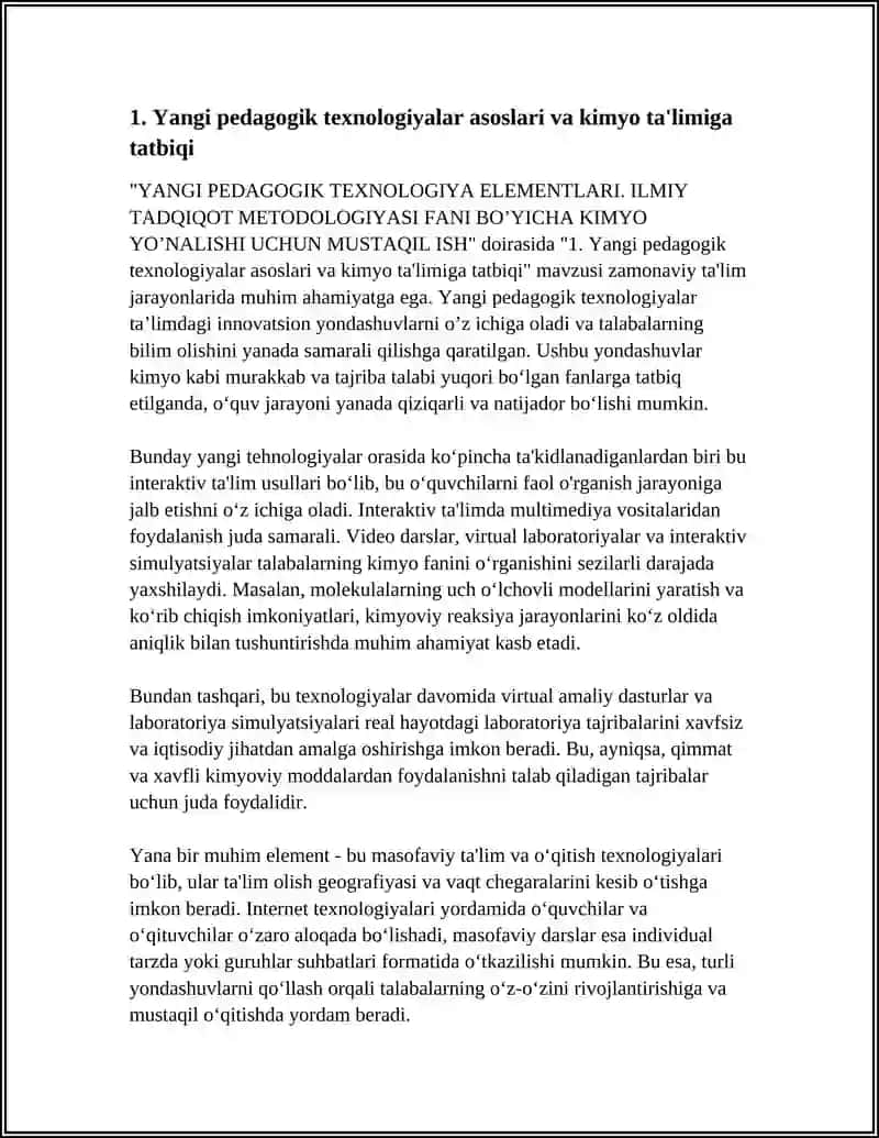 YANGI PEDAGOGIK TEXNOLOGIYA ELEMENTLARI. ILMIY TADQIQOT METODOLOGIYASI FANI BO’YICHA KIMYO YO’NALISHI UCHUN MUSTAQIL ISH 4