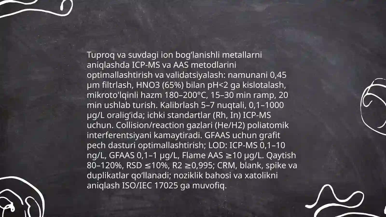 Tuproq va suvning ifloslanishida ion bogʻlanishli birikmalarni aniqlab tozalash usulini ishlab chiqish 4