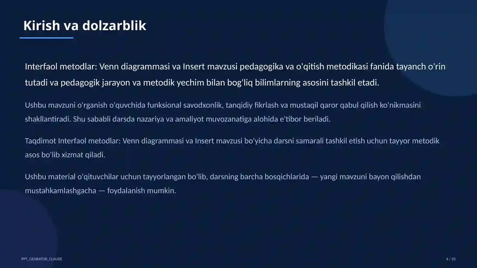 Interfaol metodlar: Venn diagrammasi va Insert 4