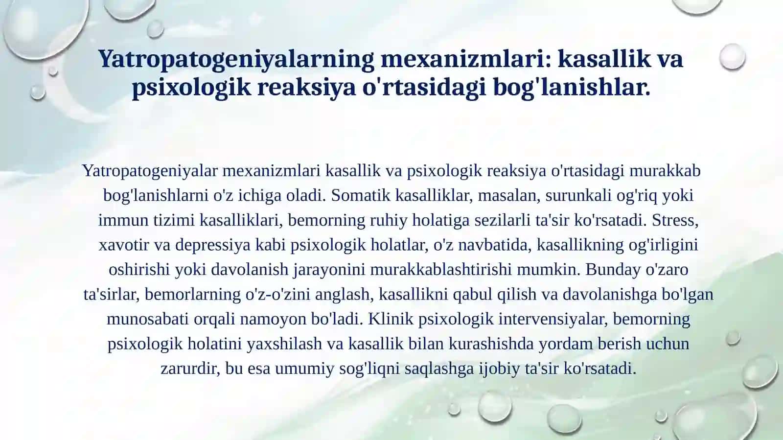 Yatropatogeniyalar surunkali samatik kasalliklar bilan xastalangan bemor psixologiyasi. Klinik psixologik intervensiya tizimi. 4