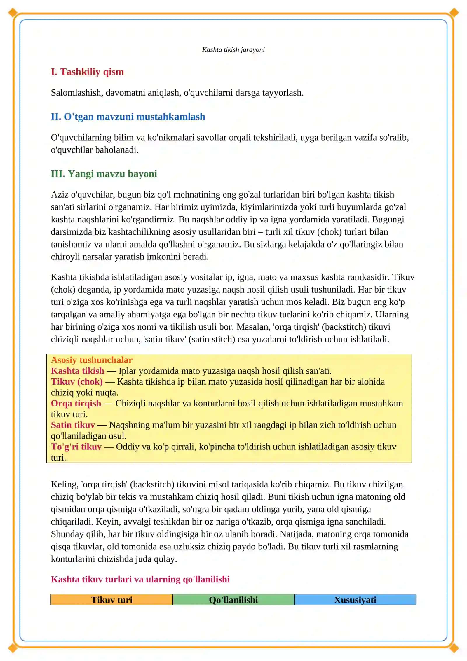 Lesson on "Kashta chok turlarini tikish" mavzusida chiroyli dars ishlanma kerak , kar va zaif eshituvchi bolalarga 5- sinfga muljallangan bulsin, har xil qiziqarli ordinary bilan, ko'rgazmalar bilan bulsin 4