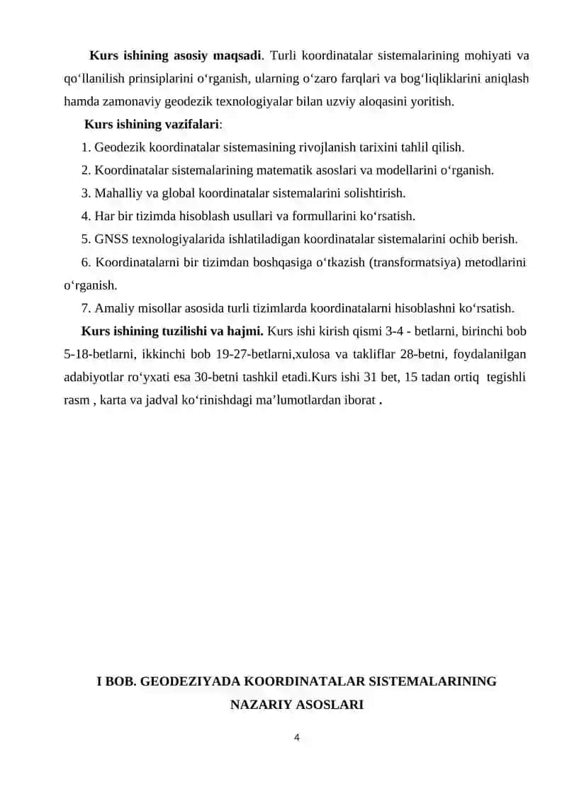 "Geodeziyada qo‘llaniladigan koordinatalar sistemasi" KURS ISHI 4