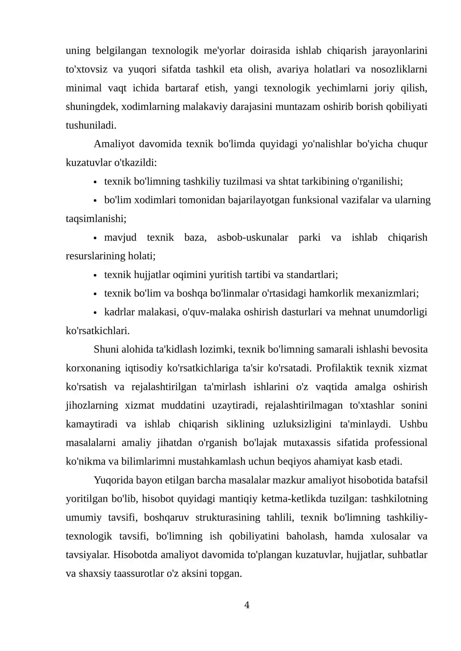 Boshqaruv strukturasi bilan tanishish.Texnik bo’lim ish qobilyati bilan tanishish 4