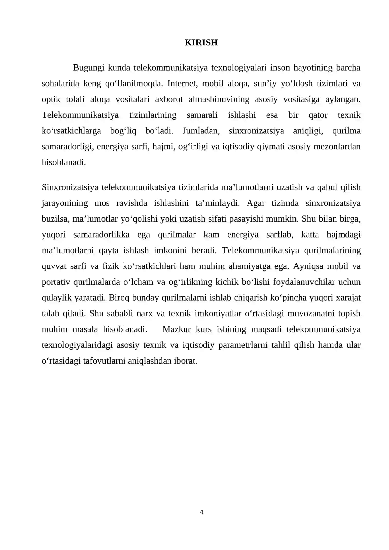 Telekommunikatsiya texnologiyalaridagi sinxronizatsiya, samaradorlik, quvvat, o‘lcham,og‘irlik,narxlarni o‘rtasidagi tafovutlalarni aniqlash 4