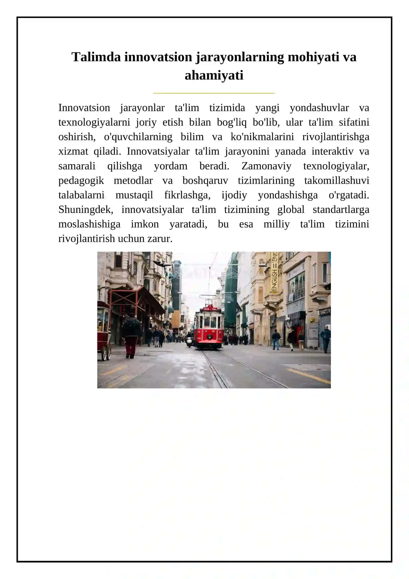 Talimda innovatsion jarayonlar tendensiyalari va qonunlari. Talimda modernizatsiya va eksperiment Innovatsion faoliyatni amalga oshirish shakllari: innovatsion loyihalar va dasturlar 4